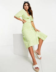 Monki Womens Tie Front Cut Out Midi Dress in Green Gingham