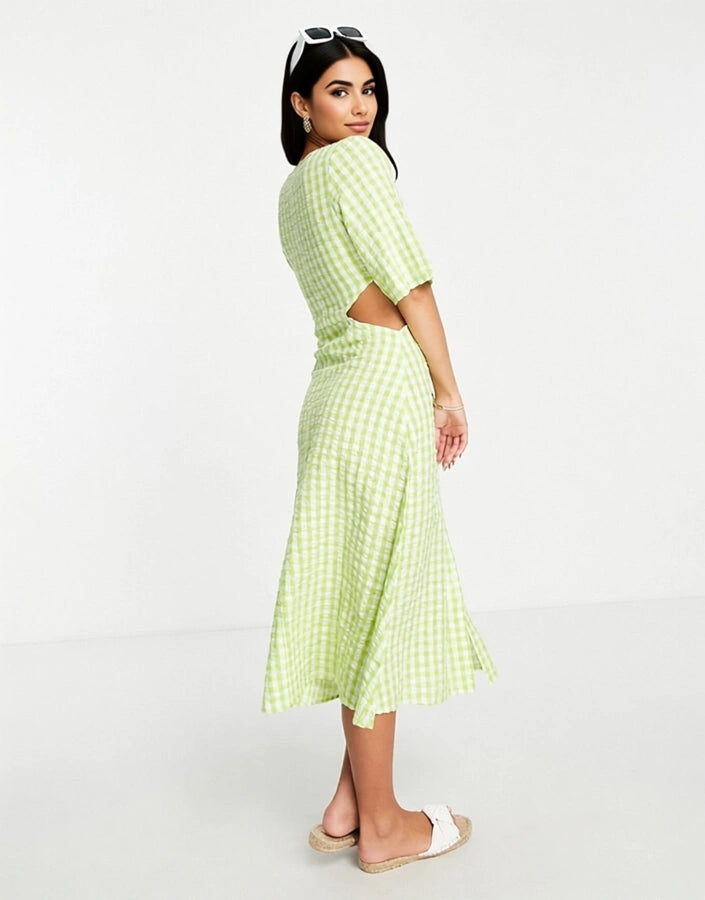 Monki Womens Tie Front Cut Out Midi Dress in Green Gingham