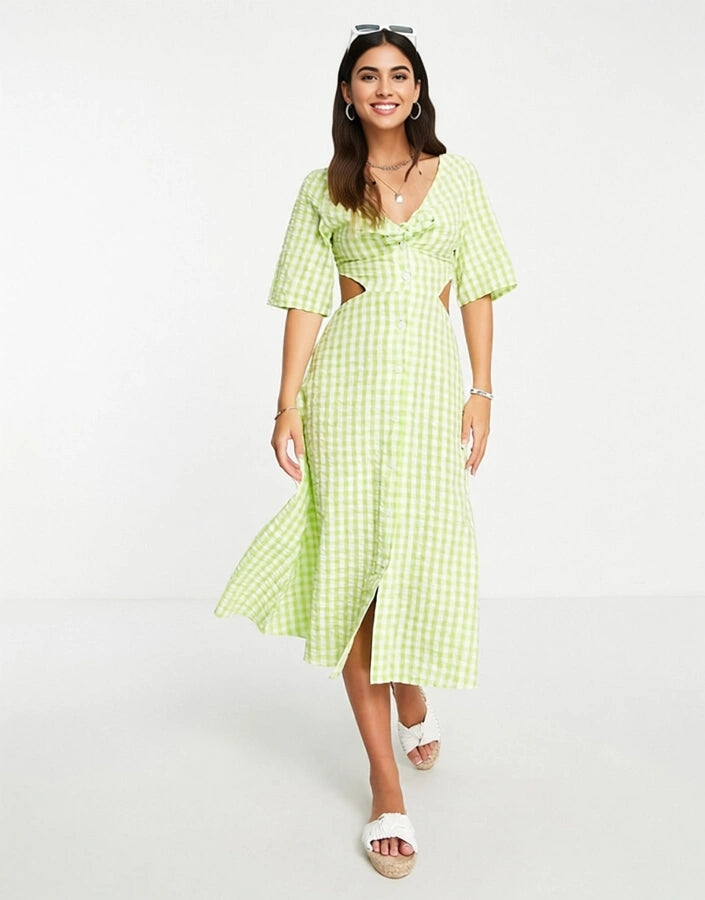 Monki Womens Tie Front Cut Out Midi Dress in Green Gingham