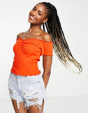 Monki Women's Bardot Top With Lettuce Edge Detail In Red