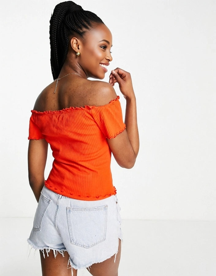 Monki Women's Bardot Top With Lettuce Edge Detail In Red