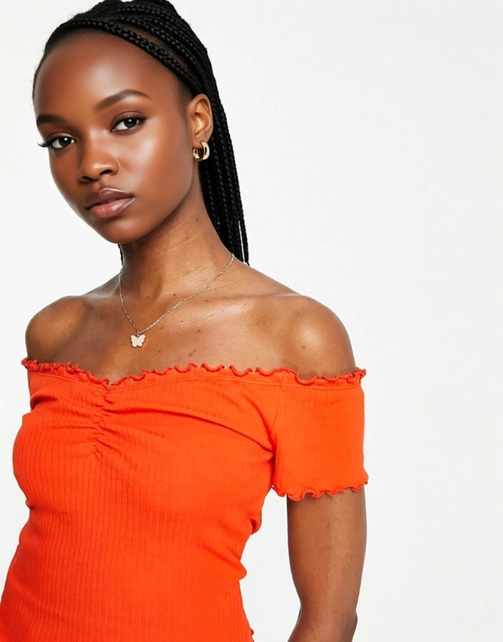 Monki Women's Bardot Top With Lettuce Edge Detail In Red