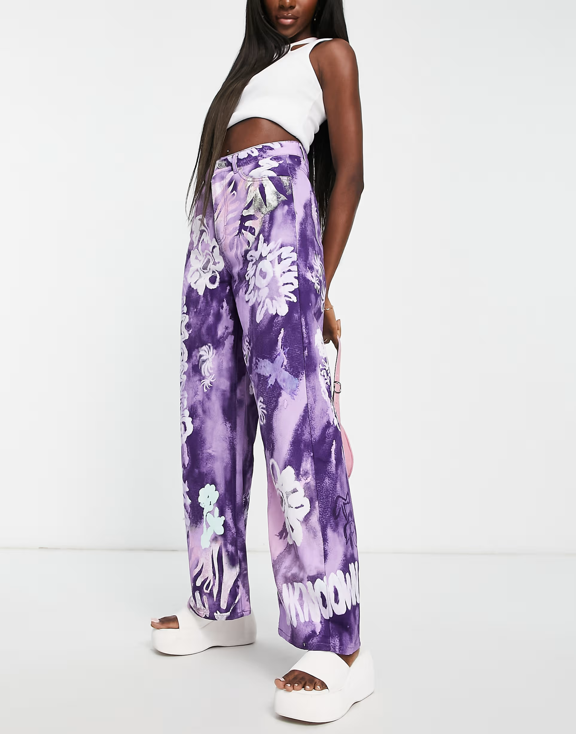 Weekday Womens Straight Leg Trousers in Purple Abstract Flower