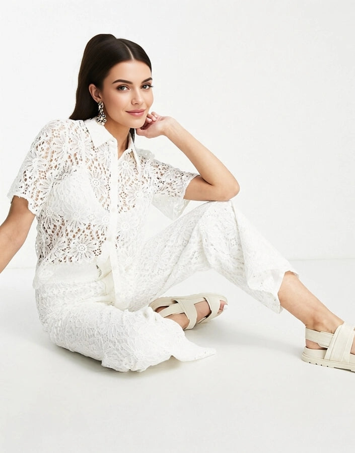 & Other Stories Women's Co-Ord Lace Wide Leg Trousers in Off White In White