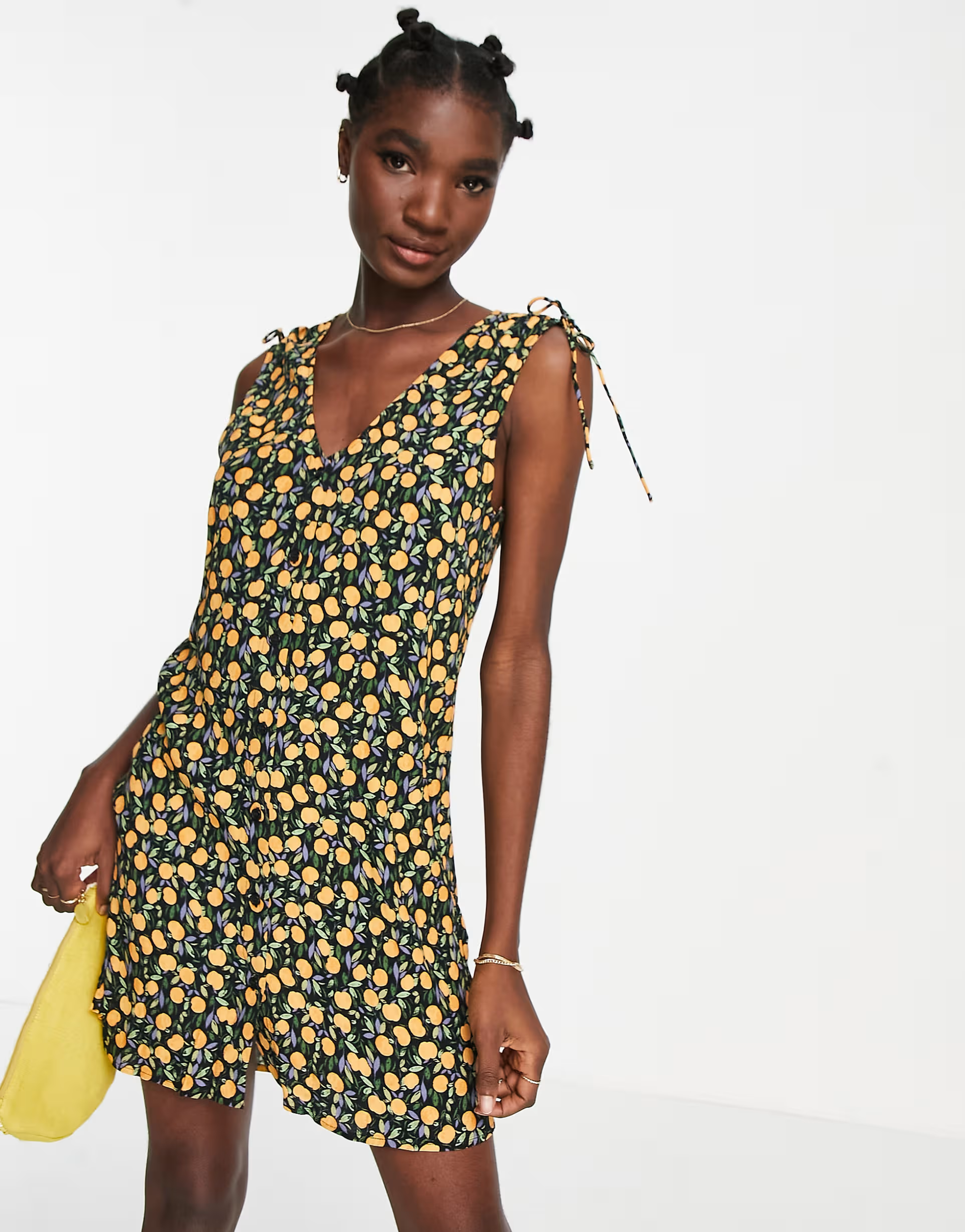 & Other Stories Womens Tie Shoulder Mini Dress in Lemon Print