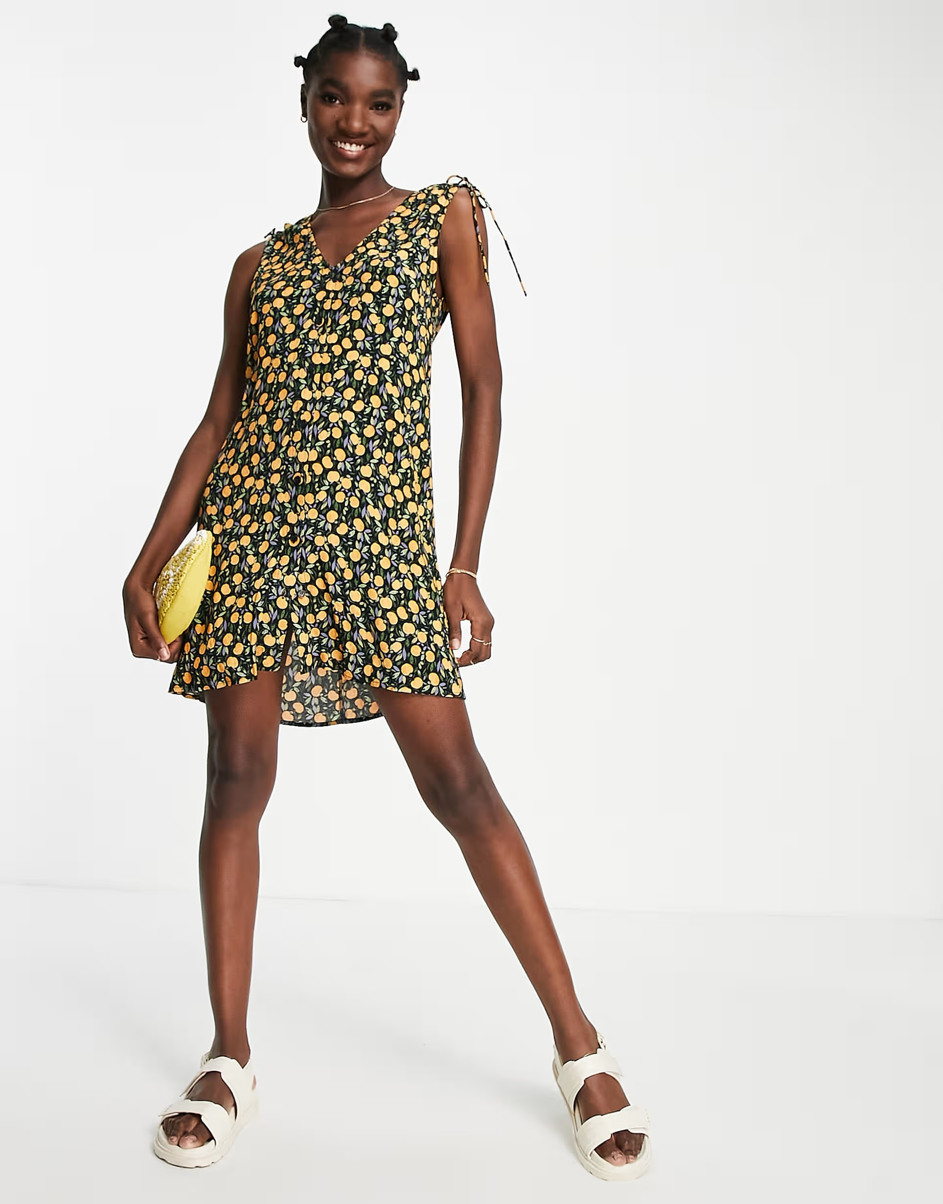 & Other Stories Womens Tie Shoulder Mini Dress in Lemon Print