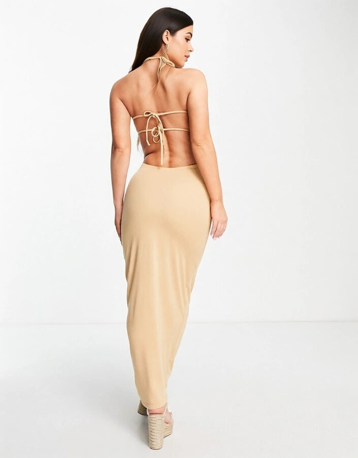 NA-KD Womens X Zoe Pastelle Bandeau Open Back Maxi Dress in Beige In Neutral