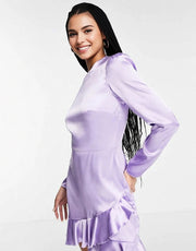 Flounce London Womens Satin Long Sleeve Wrap Mini Dress in Lilac