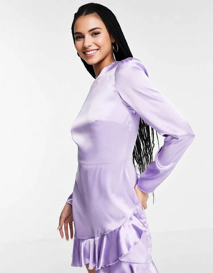Flounce London Womens Satin Long Sleeve Wrap Mini Dress in Lilac