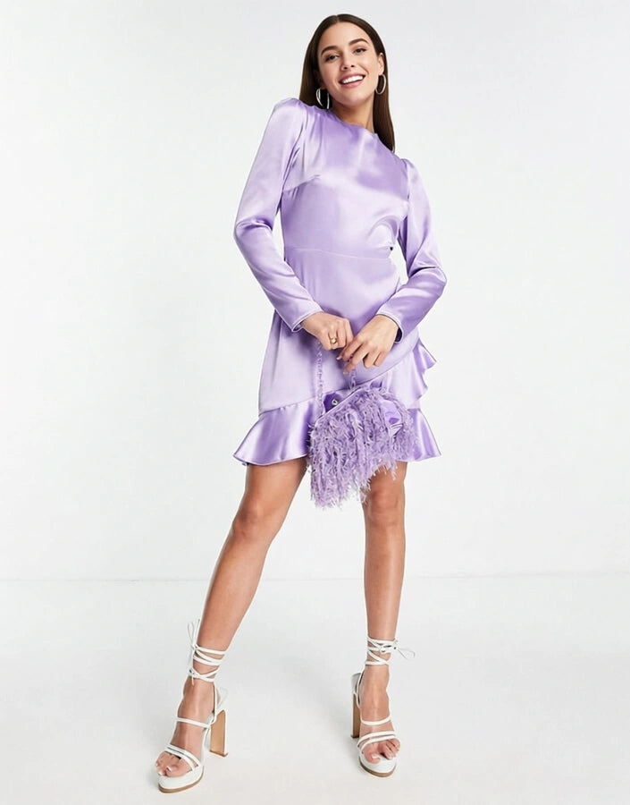 Flounce London Womens Satin Long Sleeve Wrap Mini Dress in Lilac