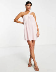 Flounce London Petite Womens Satin Asymmetric Strap Mini Trapeze Dress in Baby Pink