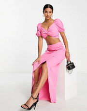 Womens Flounce London Petite Satin High Waist Maxi Skirt With Leg Split In Pink Co-Ord