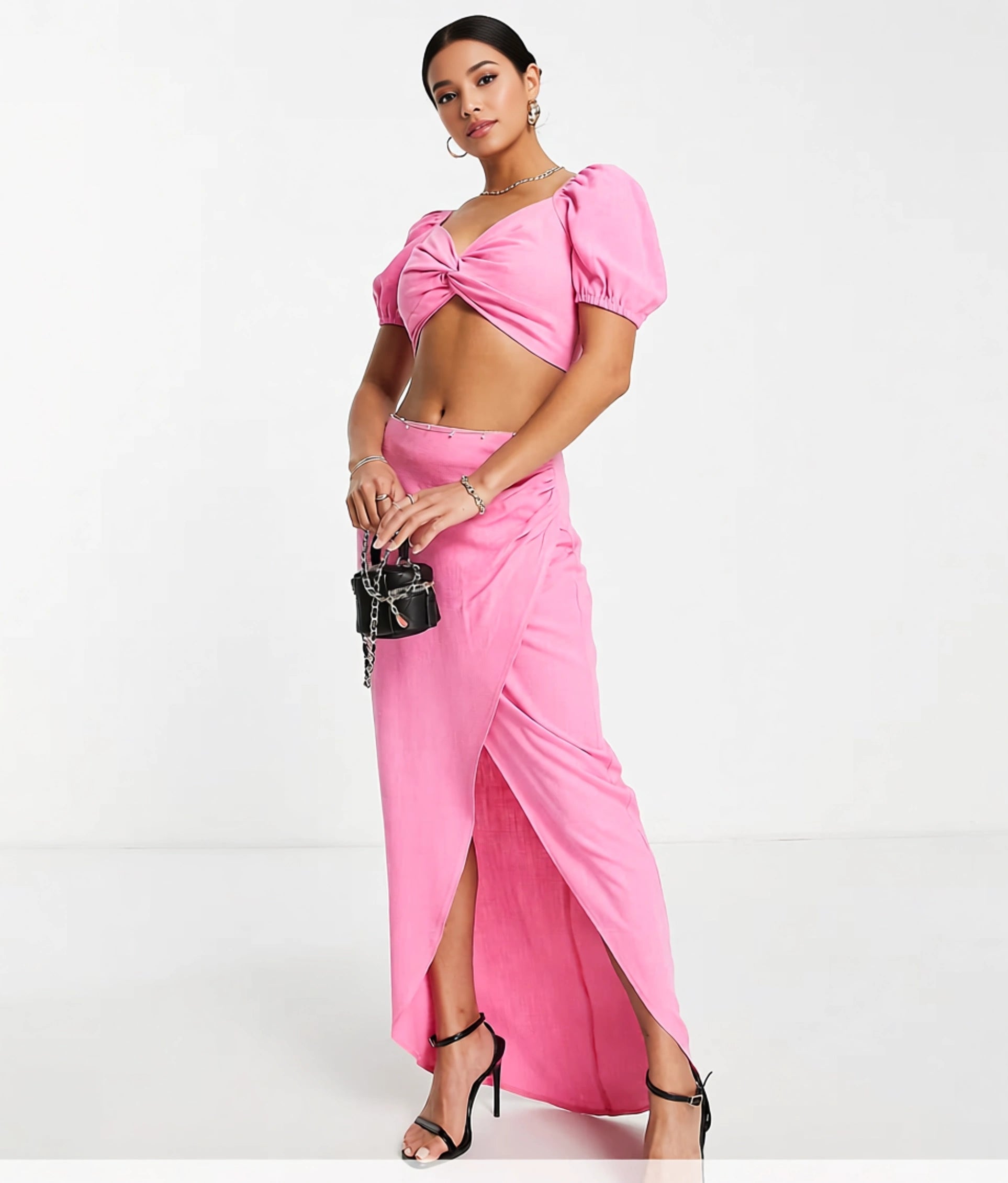 Womens Flounce London Petite Satin High Waist Maxi Skirt With Leg Split In Pink Co-Ord