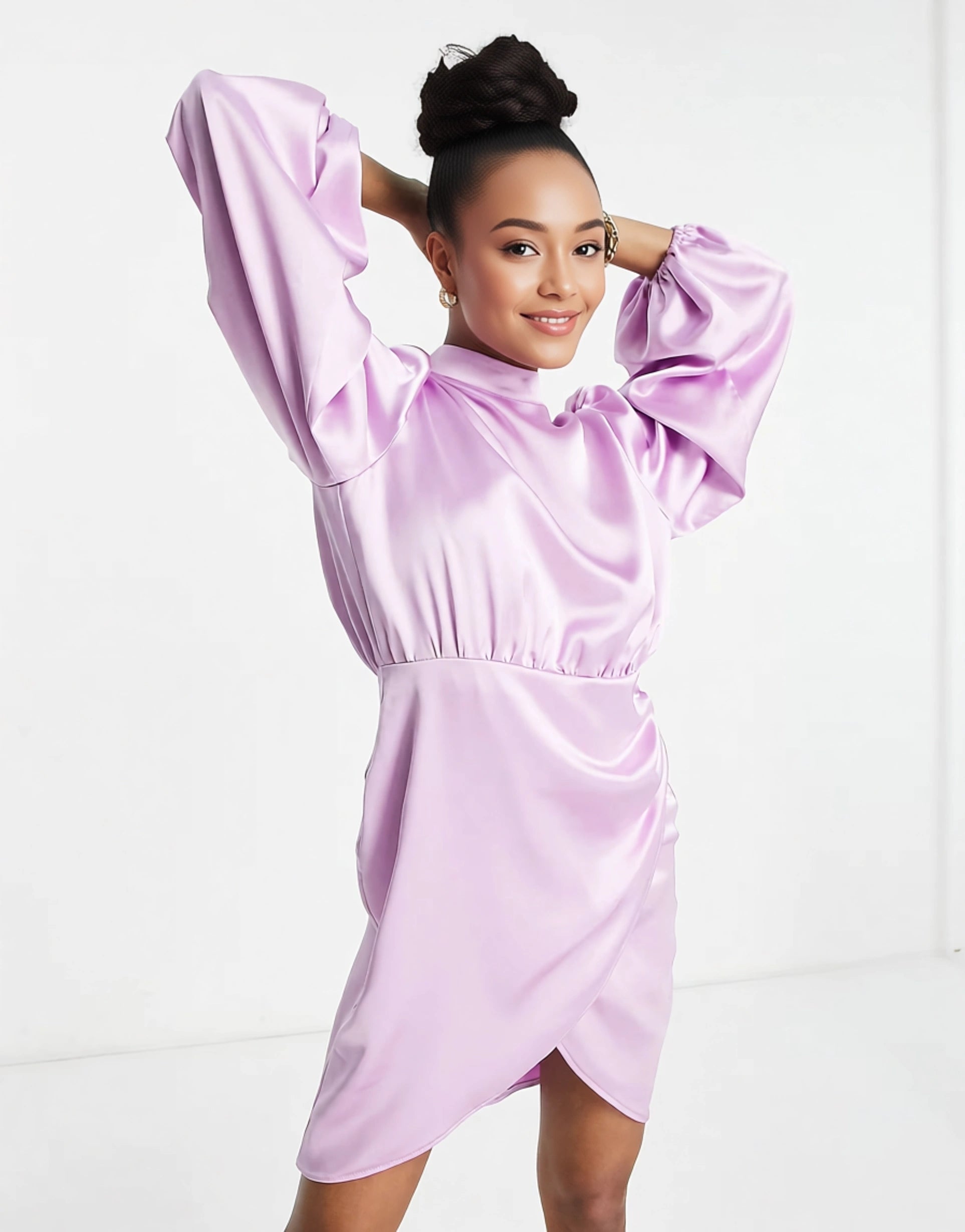Womens Flounce London Petite Satin Balloon Sleeve Mini Dress In Lilac