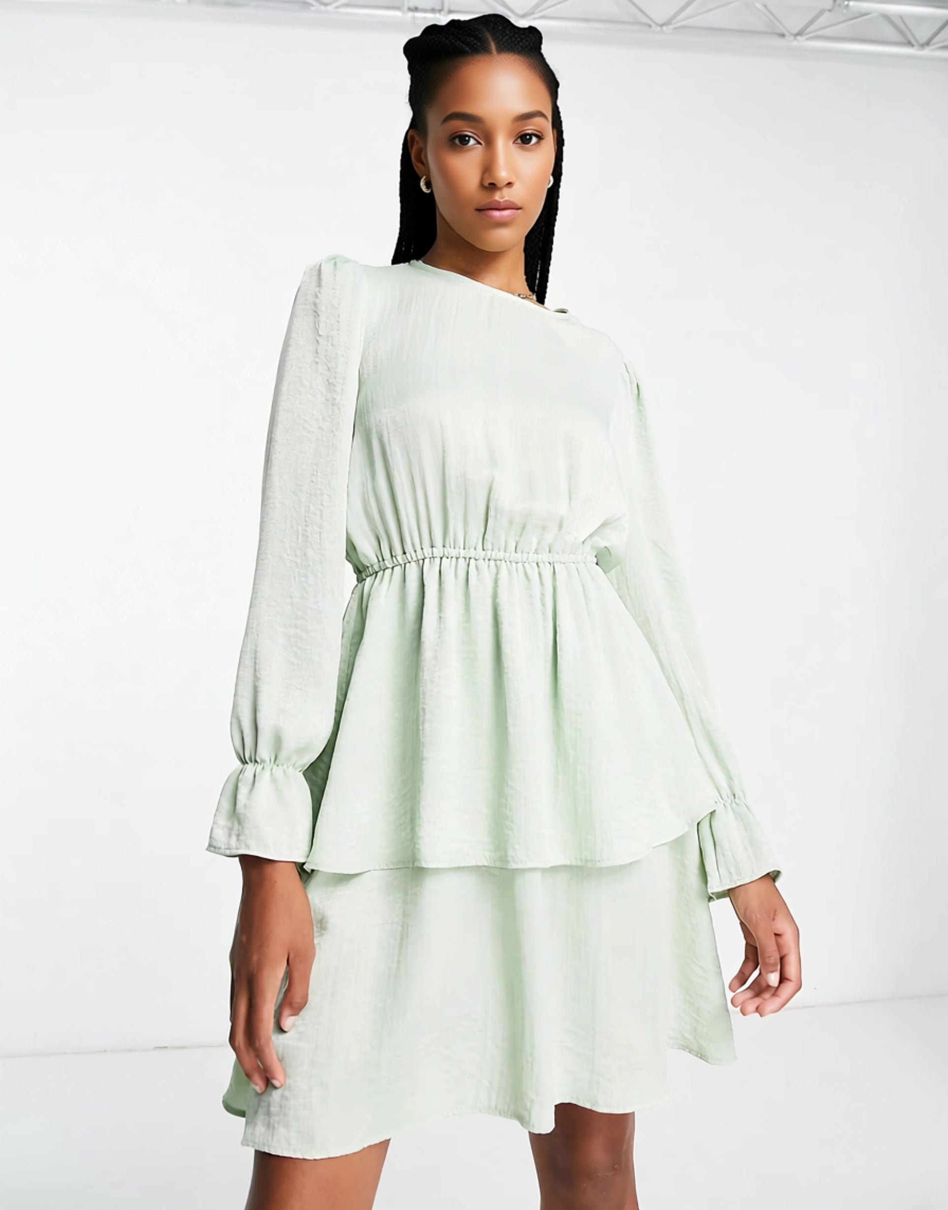 Womens Flounce London Tall Satin Tiered Mini Dress In Sage