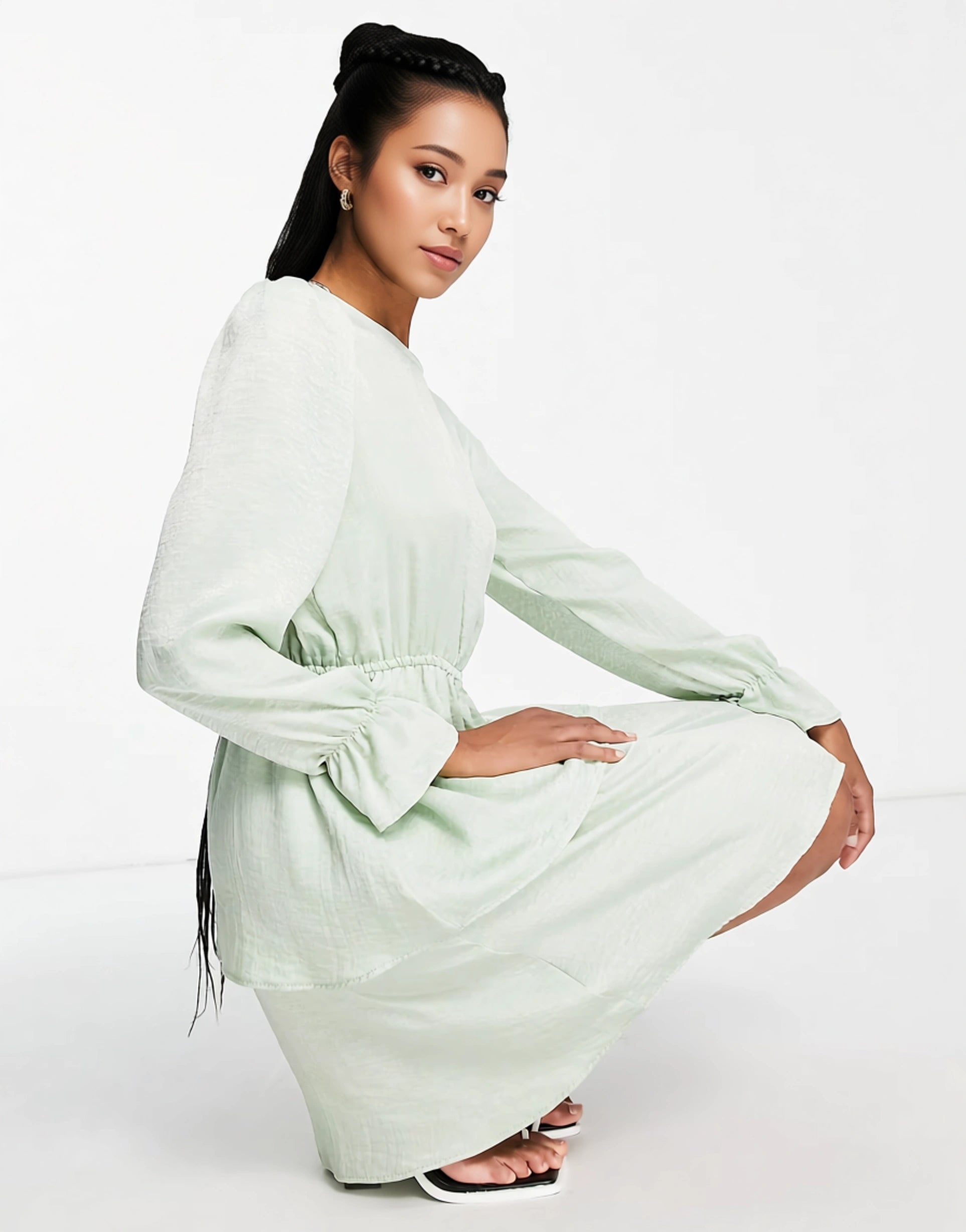 Womens Flounce London Tall Satin Tiered Mini Dress In Sage
