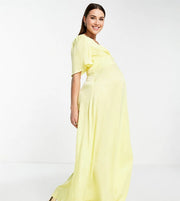 Flounce London Womens Maternity Flutter Sleeve Maxi Dress With Plunge Front in Yellow Satin