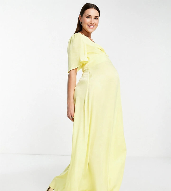 Flounce London Womens Maternity Flutter Sleeve Maxi Dress With Plunge Front in Yellow Satin