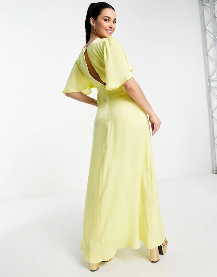 Flounce London Womens Maternity Flutter Sleeve Maxi Dress With Plunge Front in Yellow Satin