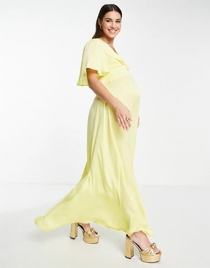 Flounce London Womens Maternity Flutter Sleeve Maxi Dress With Plunge Front in Yellow Satin