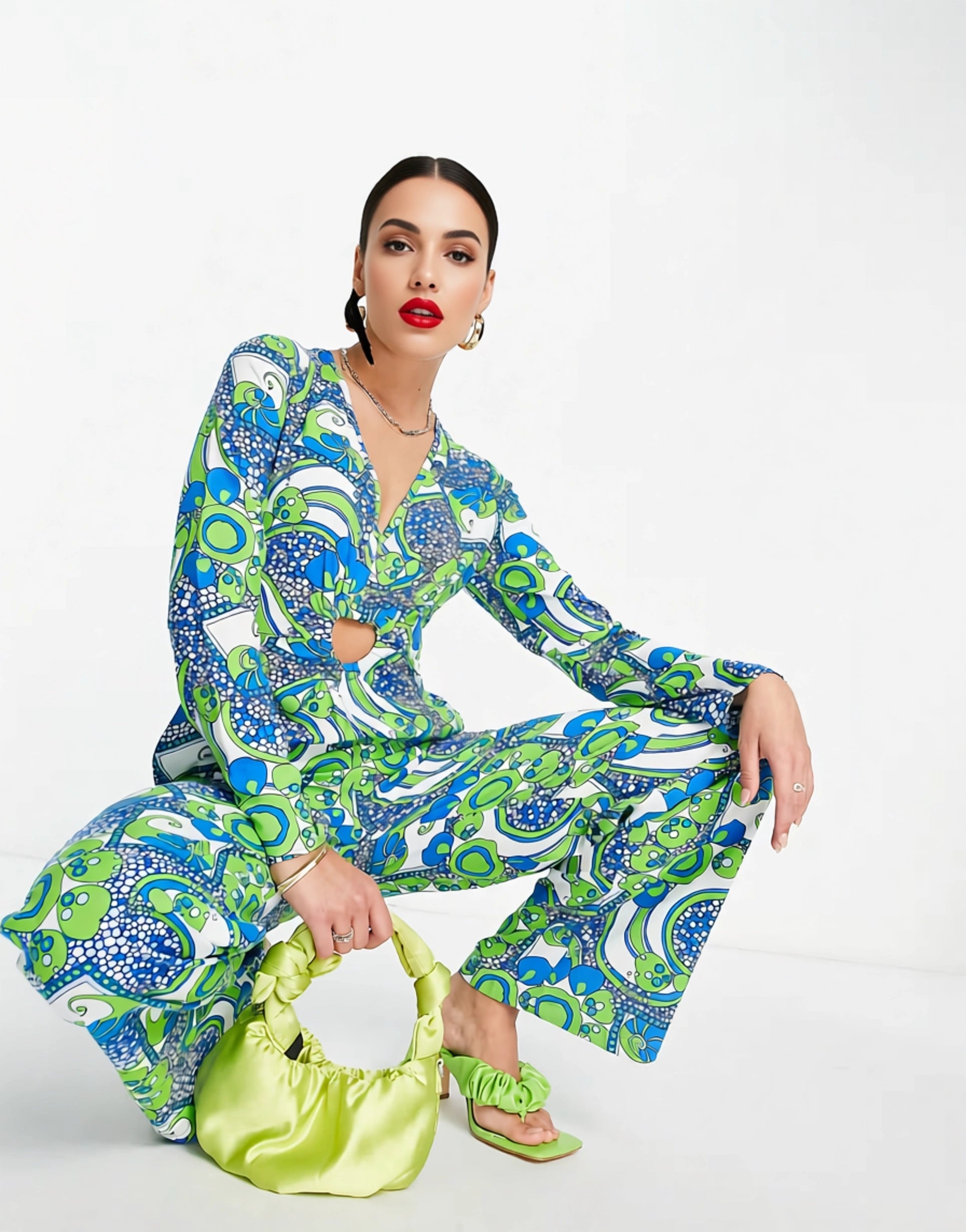Never Fully Dressed Womens Heart Cut-Out Wide Leg Jumpsuit in Swirl Print In Multi