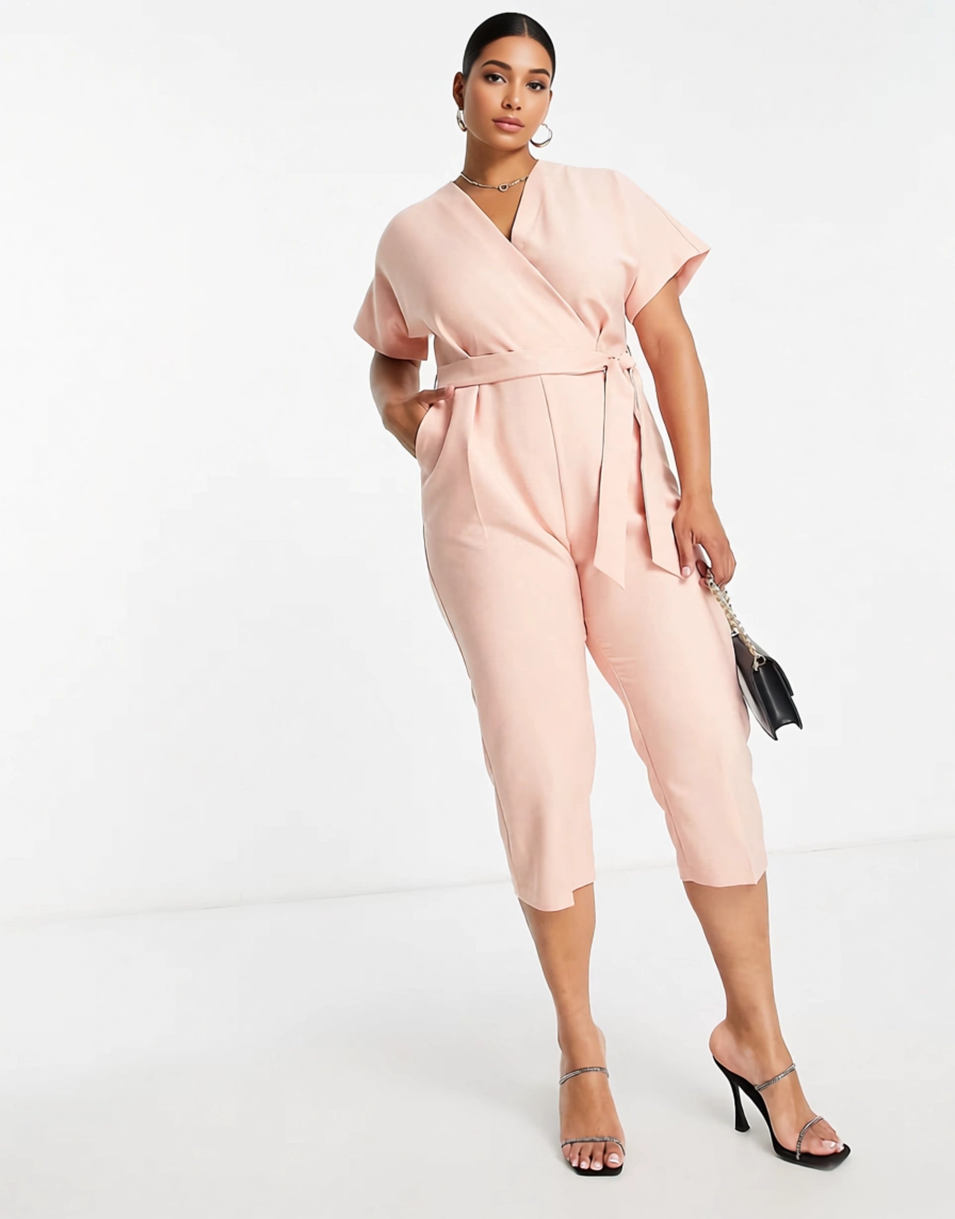 Womens Closet London Plus Wrap Waist Tie Kimono Sleeve Jumpsuit In Blush