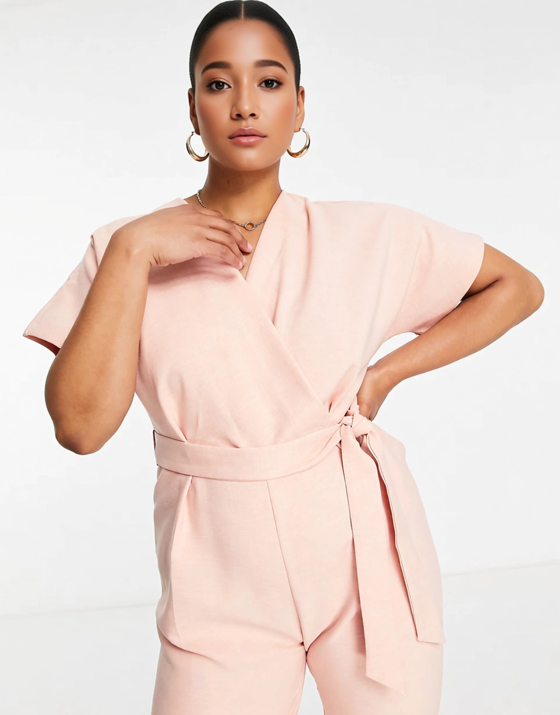 Womens Closet London Plus Wrap Waist Tie Kimono Sleeve Jumpsuit In Blush