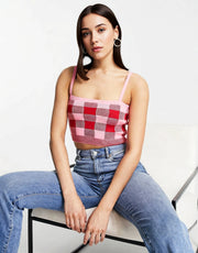 TRENDYOL Womens Knitted Cami Crop Top in Pink And Red Check