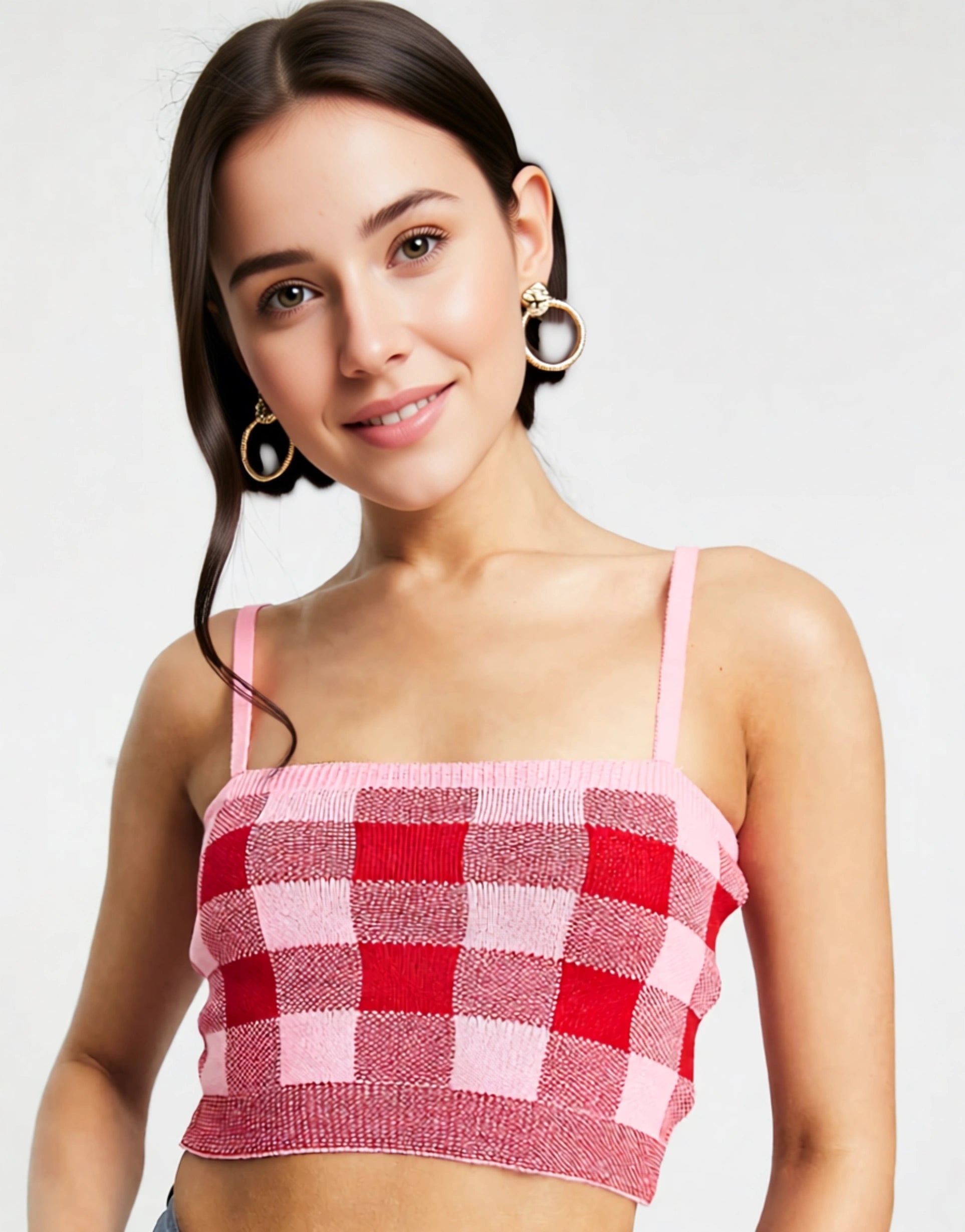 TRENDYOL Womens Knitted Cami Crop Top in Pink And Red Check