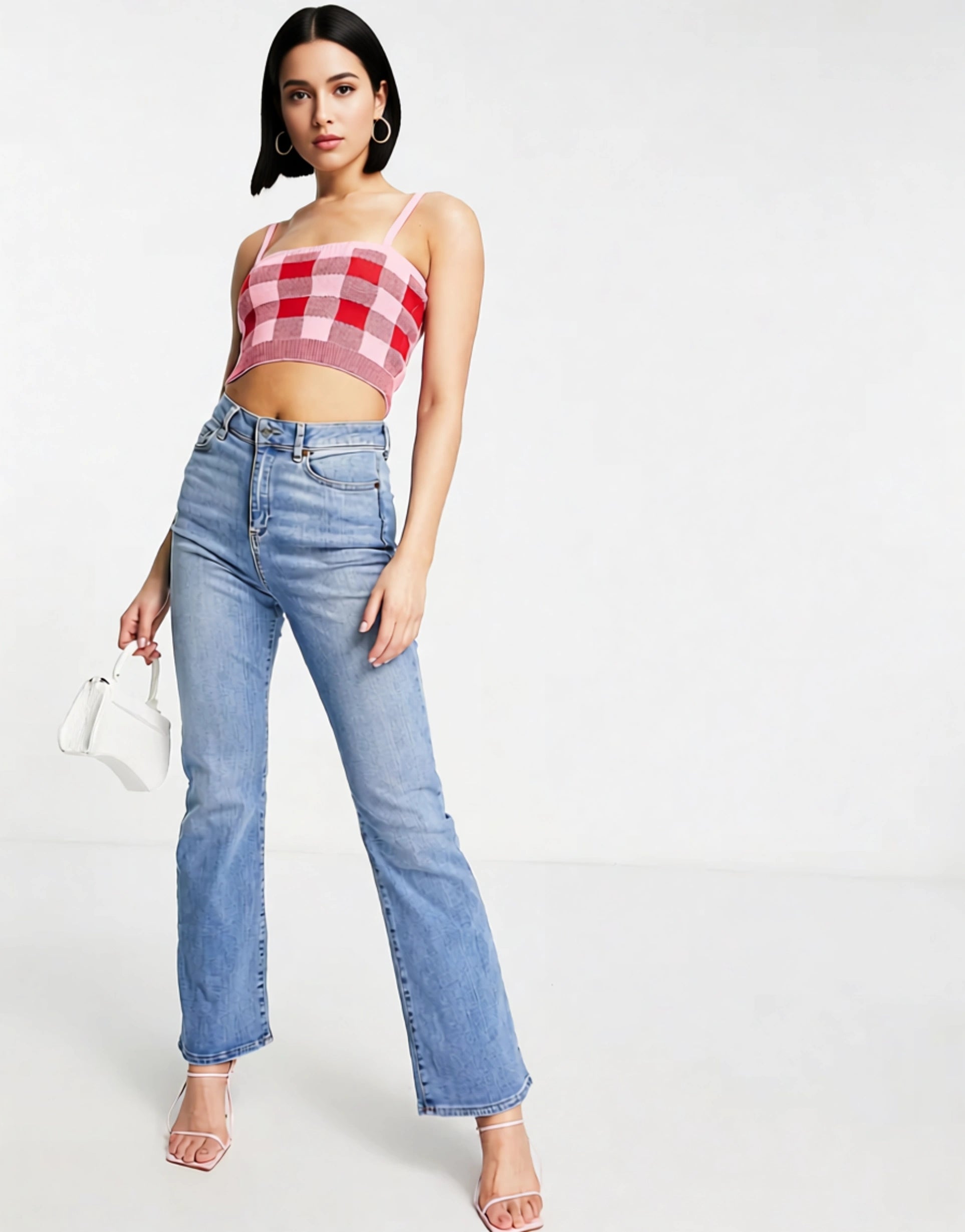TRENDYOL Womens Knitted Cami Crop Top in Pink And Red Check