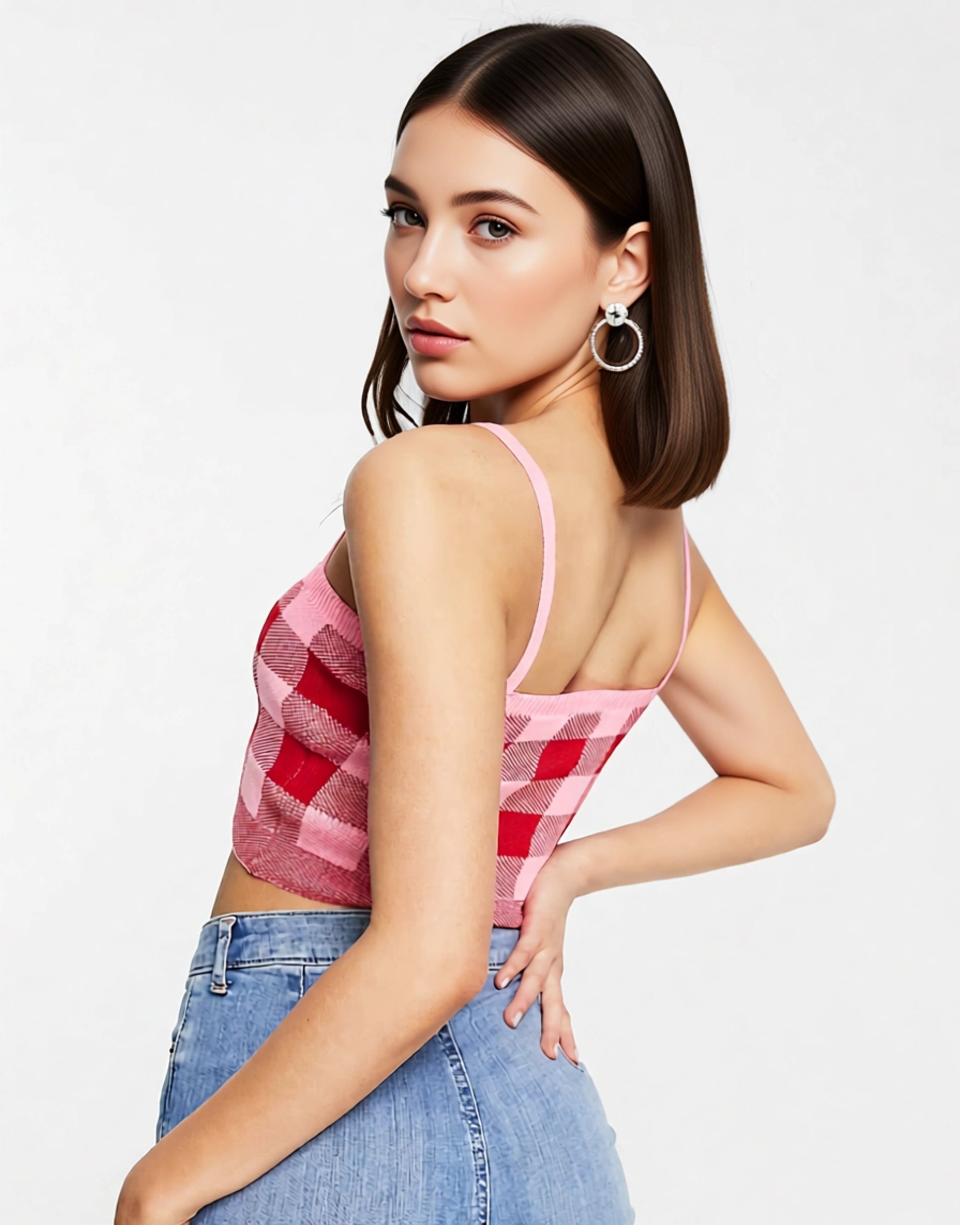TRENDYOL Womens Knitted Cami Crop Top in Pink And Red Check