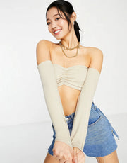 Womens I Saw It First Scuba Off Shoulder Crop Top In Stone