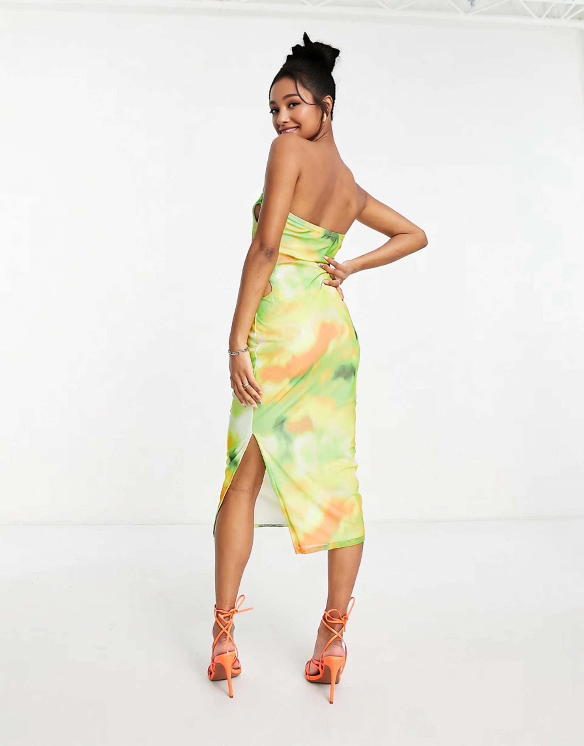 Womens I Saw It First Petite Bandeau Mesh Midi Dress With Ring Detail In Green Print