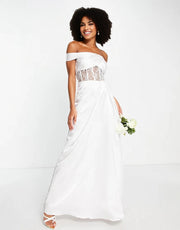 Yaura Womens Bridal Cowl Front Corset Maxi Dress in Ivory