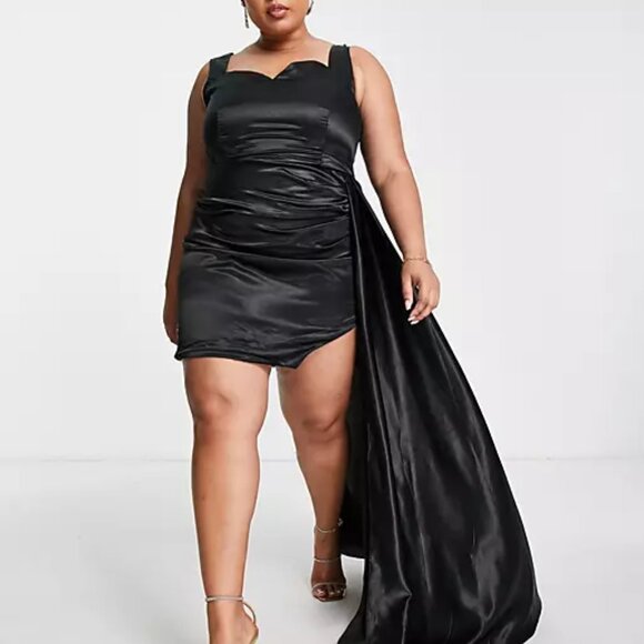 Yaura Plus Womens Satin Mini Dress With Side Train In Black