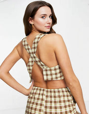 Motel Womens High Neck Cross Back Crop Top in Retro Brown Check Co-Ord