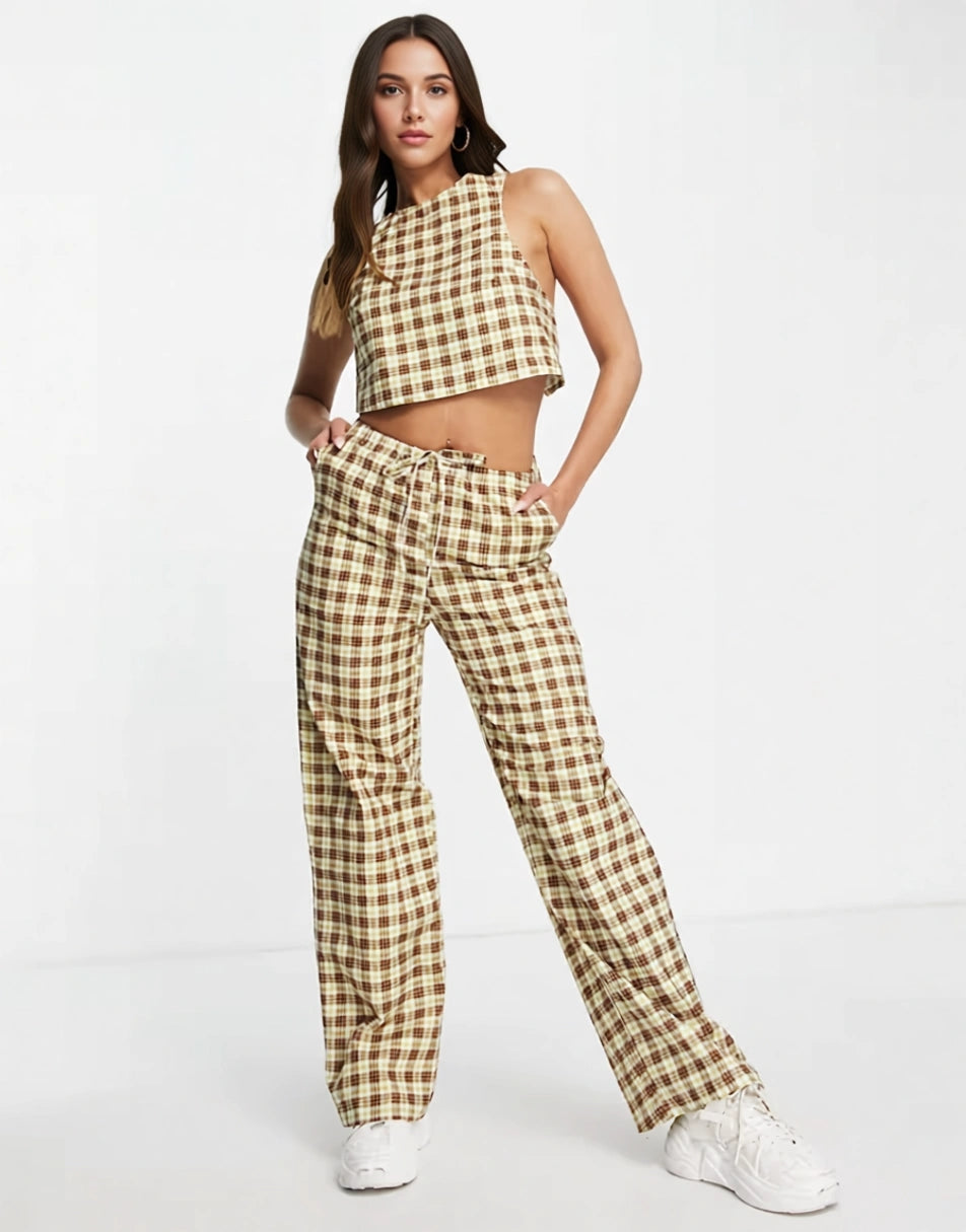 Motel Womens High Neck Cross Back Crop Top in Retro Brown Check Co-Ord