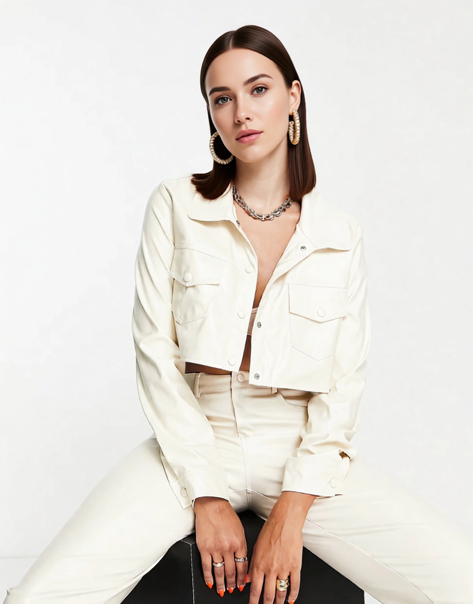 I Saw It First Womens Premium Pu Cropped Utility Jacket In Cream