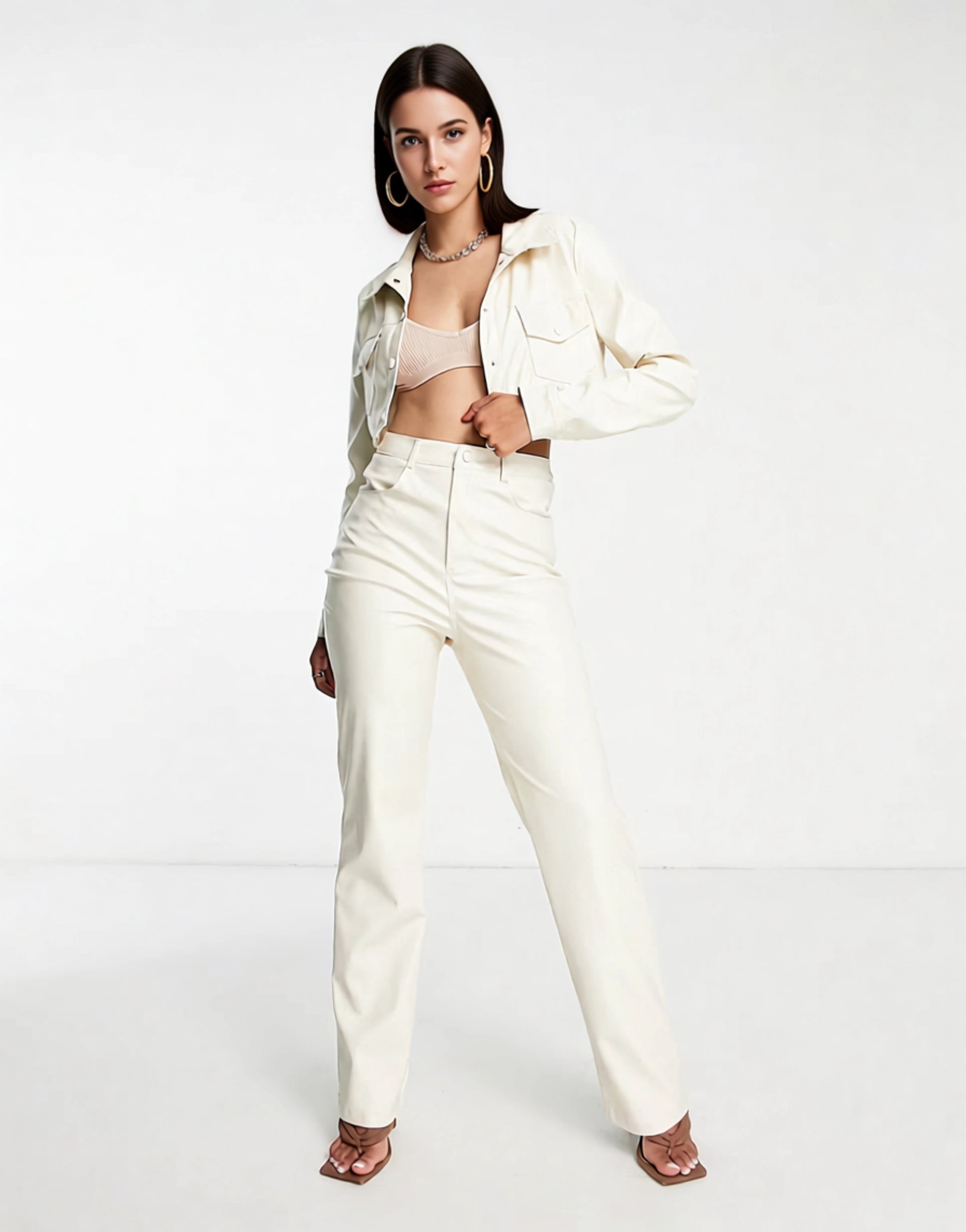 I Saw It First Womens Premium Pu Cropped Utility Jacket In Cream