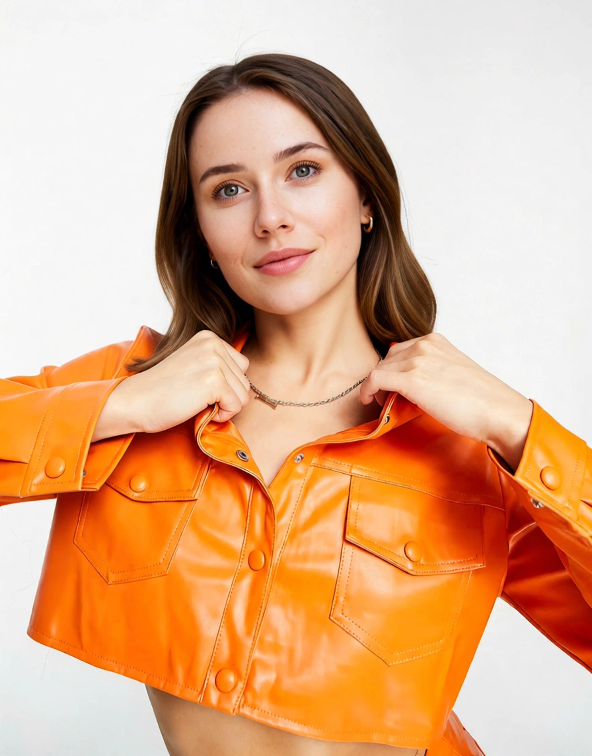 I Saw It First Womens Premium Pu Cropped Utility Jacket In Orange