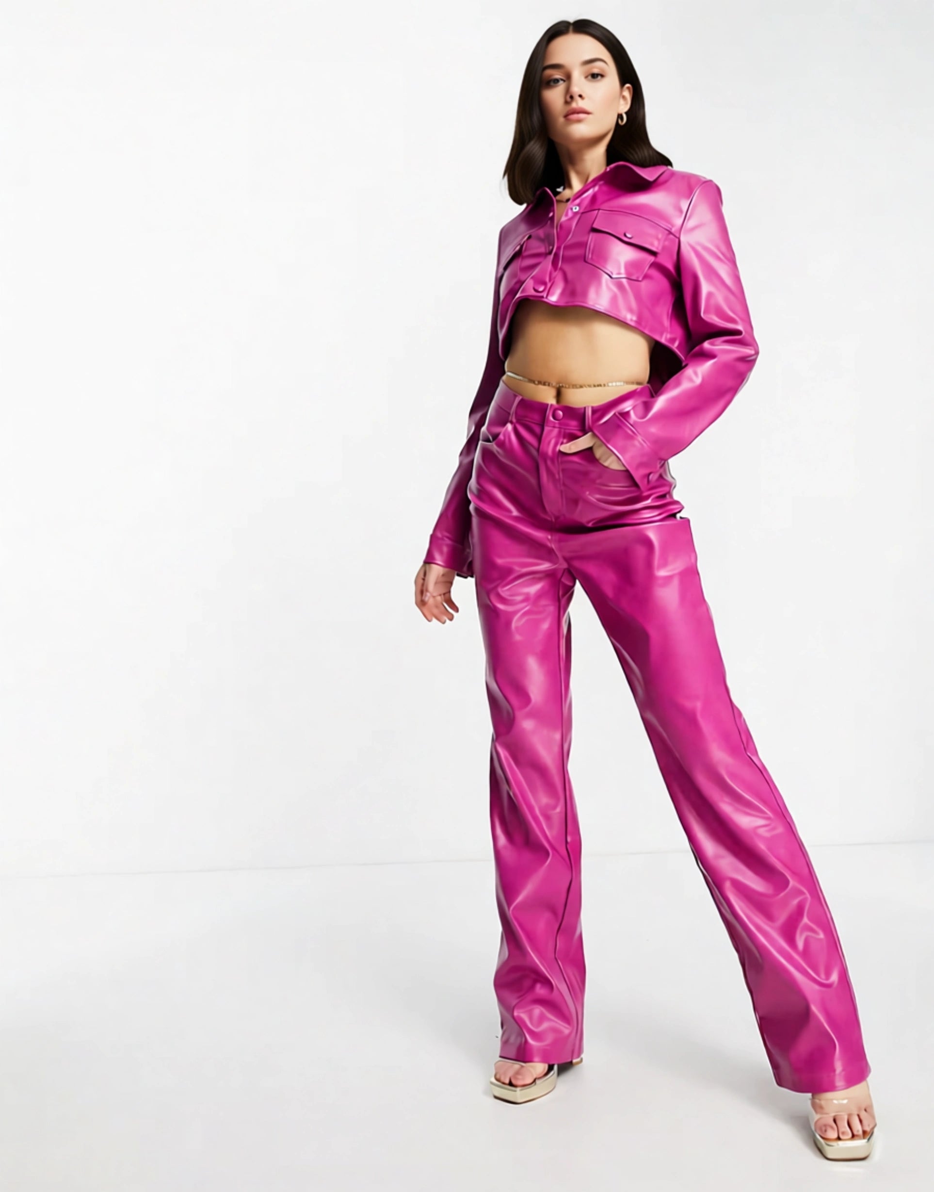 I Saw It First Womens Premium Pu Cropped Utility Jacket in Purple