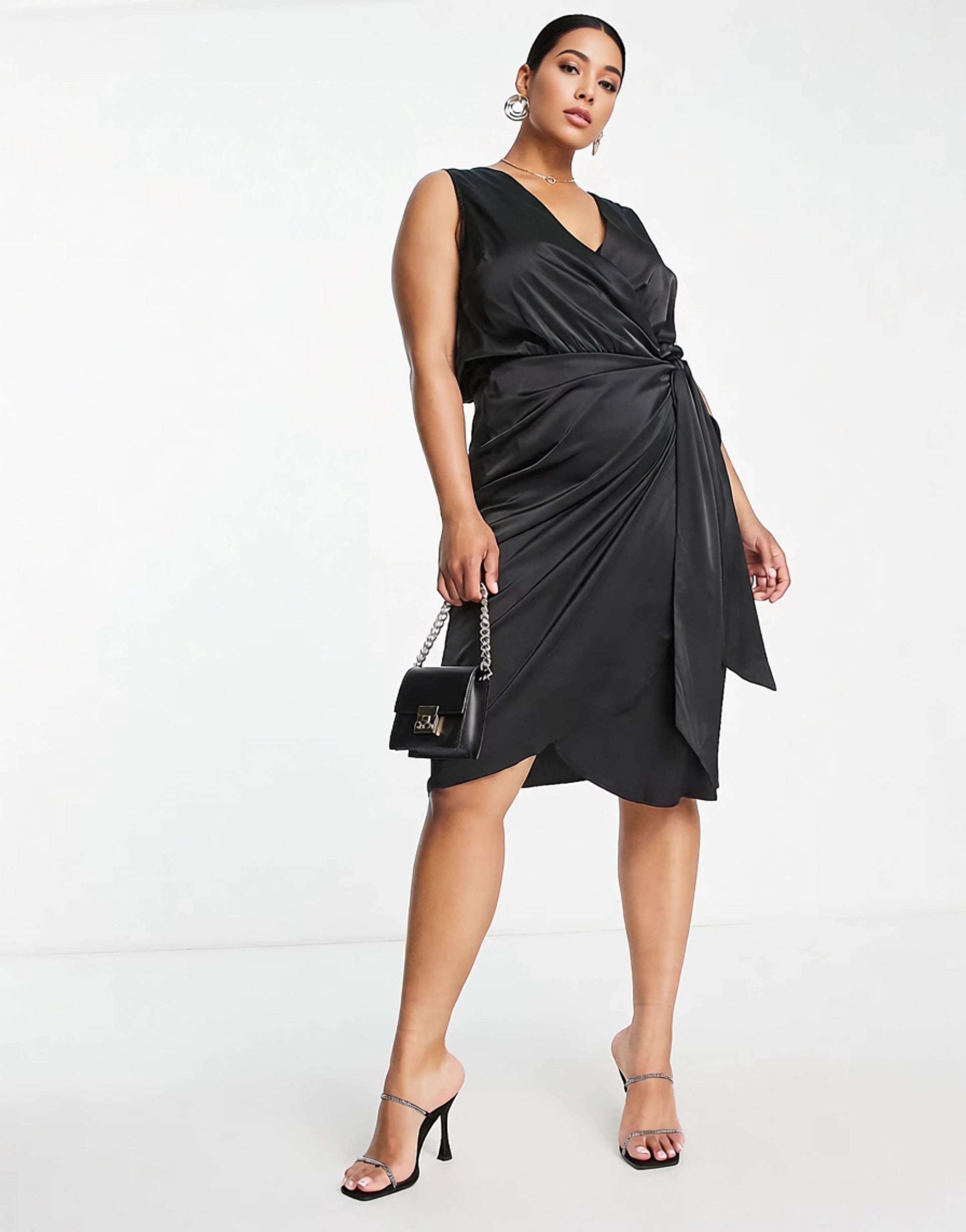 Womens Never Fully Dressed Plus Sleeveless Satin Wrap Midi Dress In Black