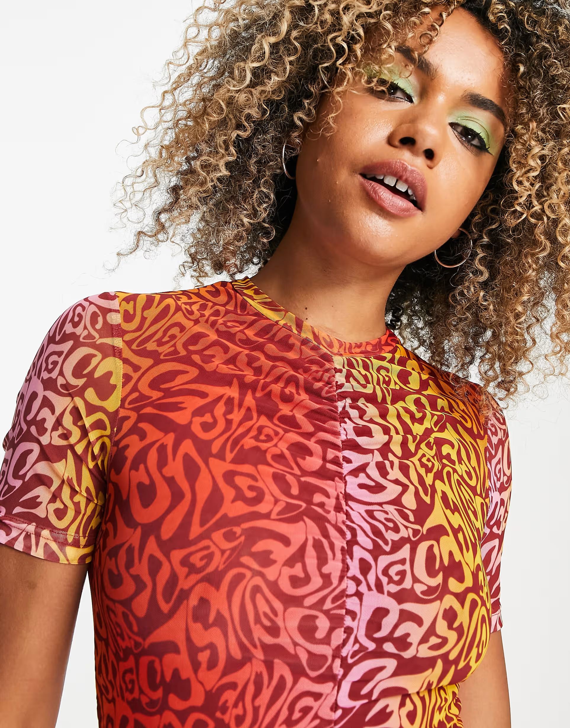 Weekday Womens Agnes Mesh Dress With Ruche Detail in Gradient Print in Orange