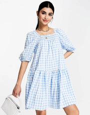 QED London Womens Smock Mini Dress in Blue Gingham