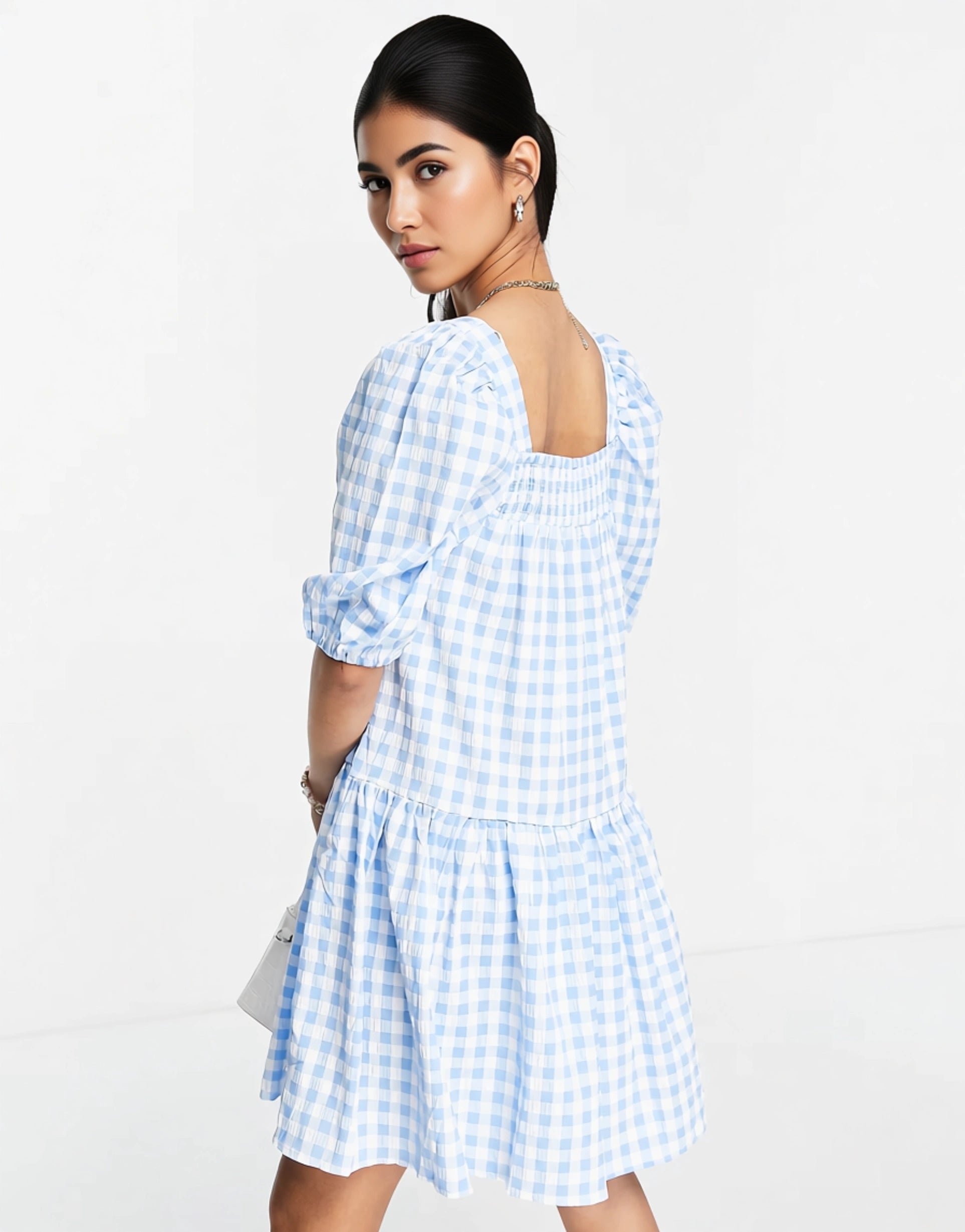 QED London Womens Smock Mini Dress in Blue Gingham