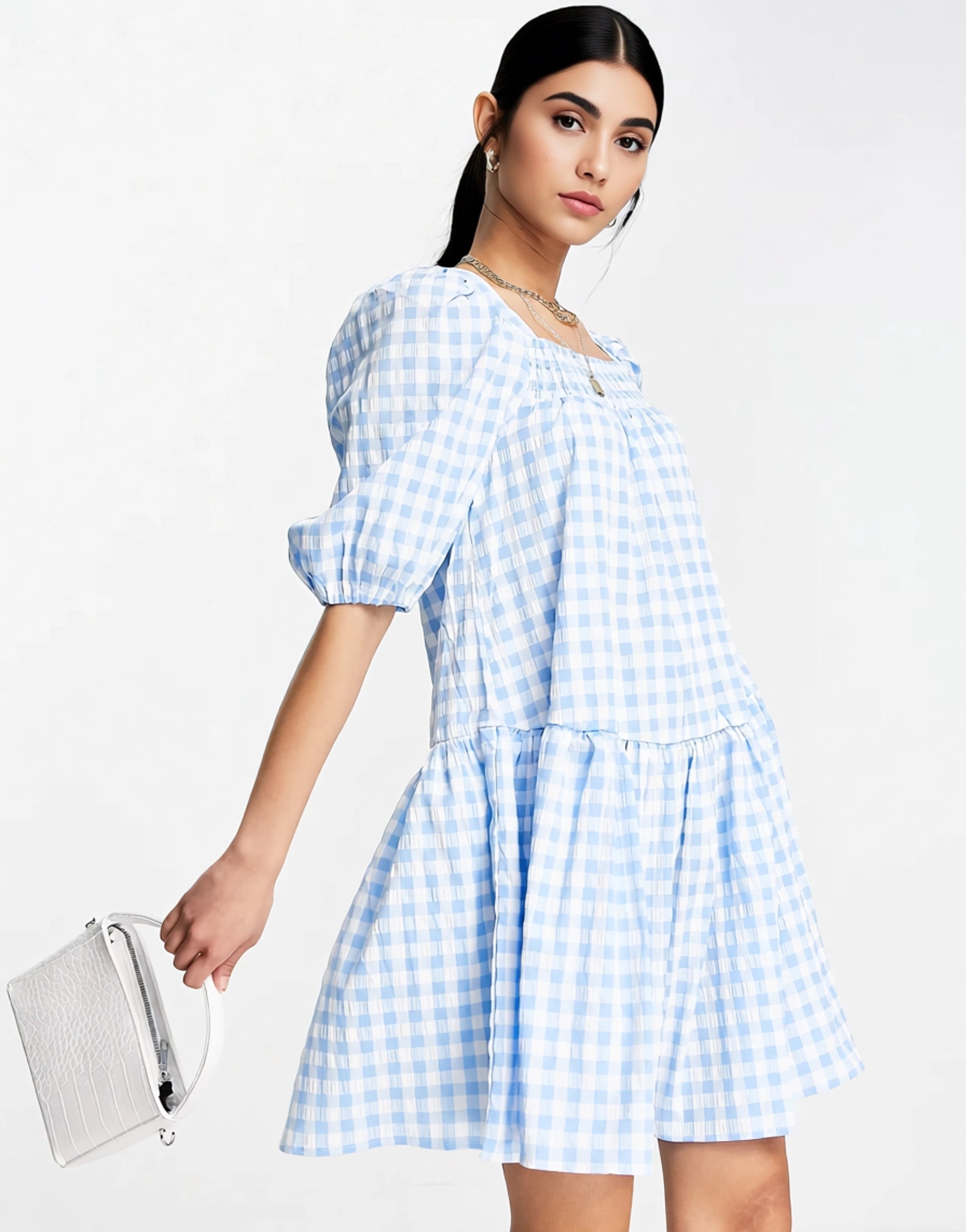 QED London Womens Smock Mini Dress in Blue Gingham