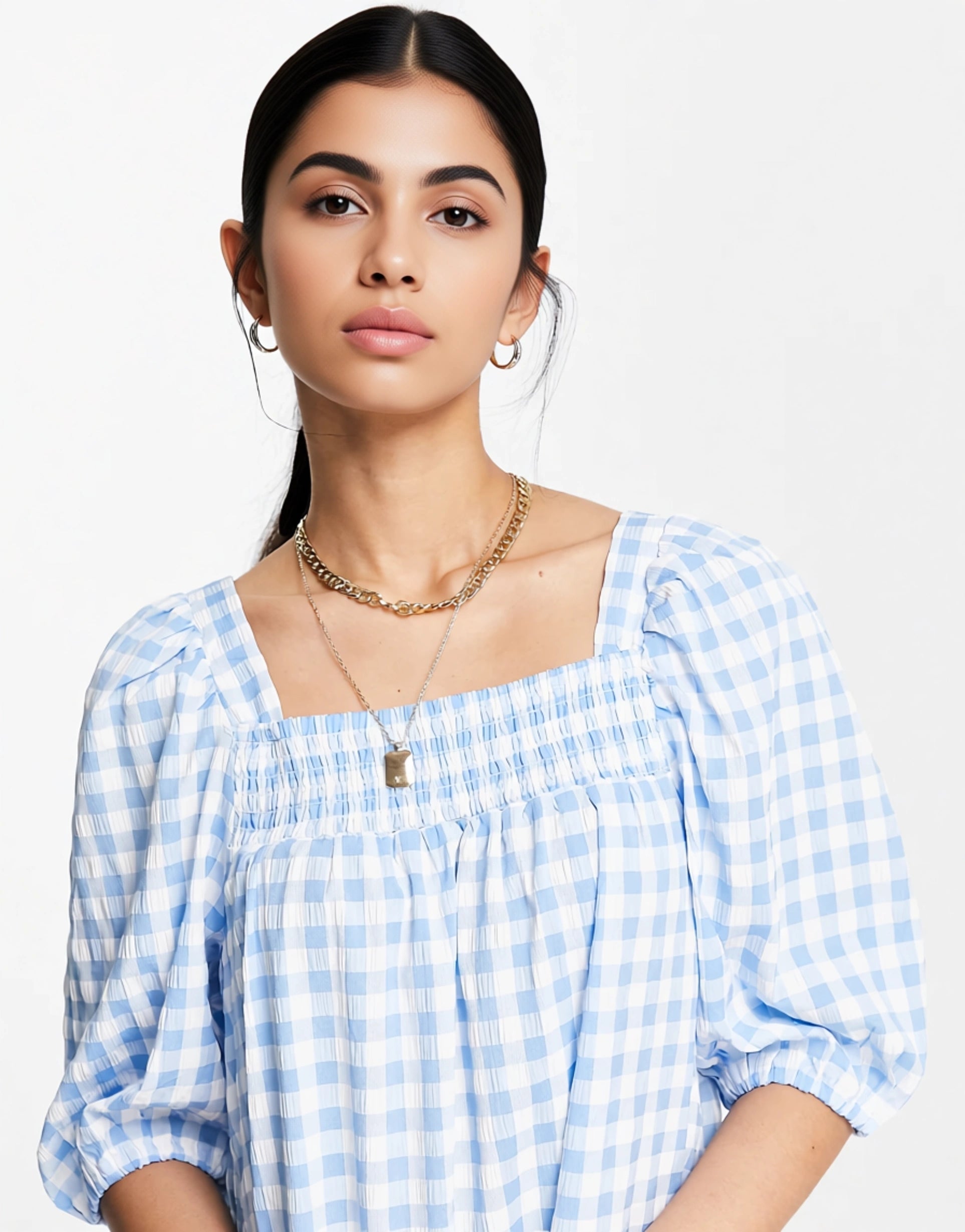 QED London Womens Smock Mini Dress in Blue Gingham