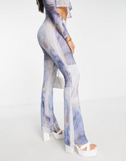 Monki Womens Mesh Trousers in Blue Marble Check Print In Blue