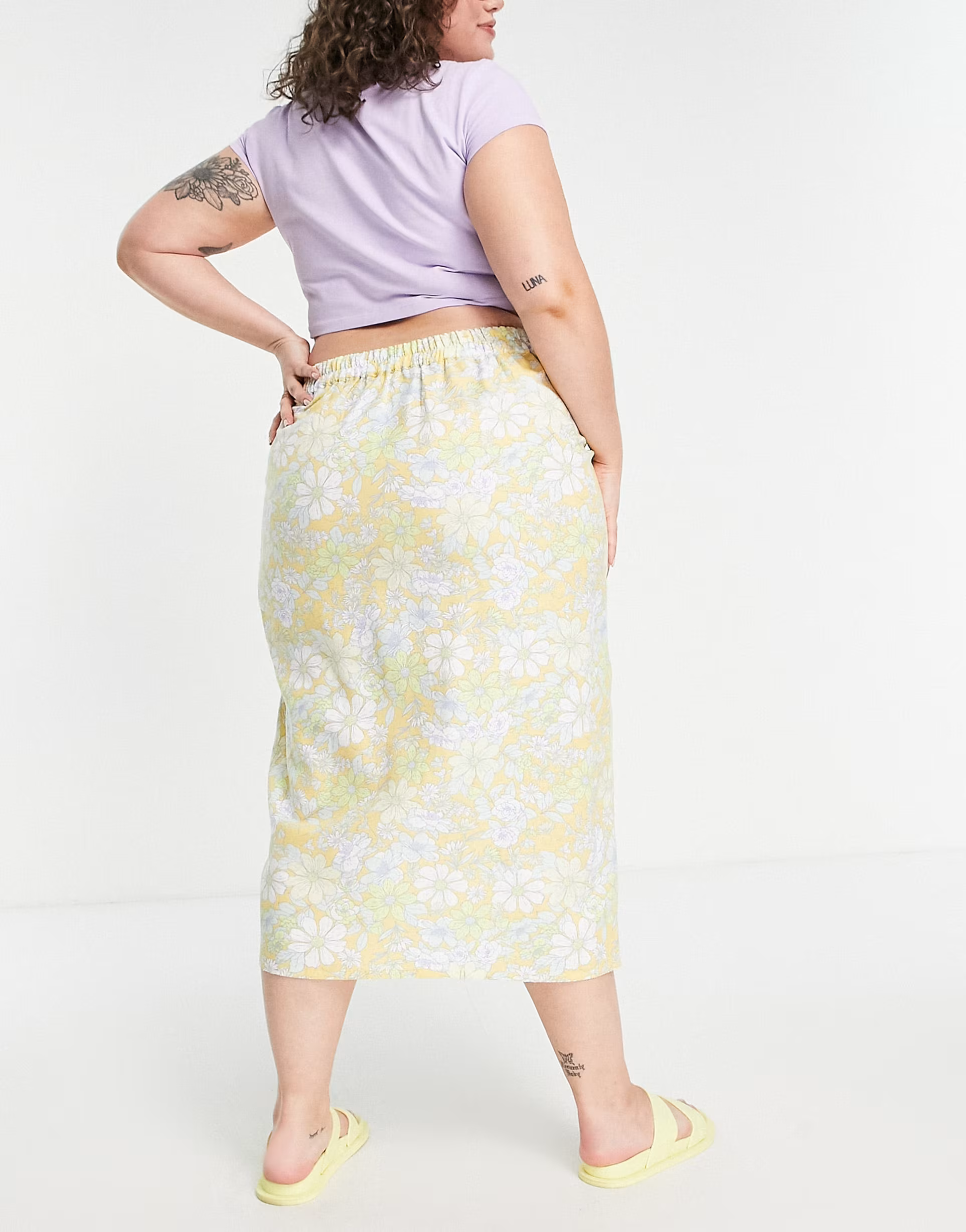 Simply Be Womens Linen Wrap Midi Skirt in Yellow Floral