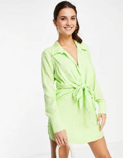 Style Cheat Womens Knot Front Shirt Mini Dress in Lime Green